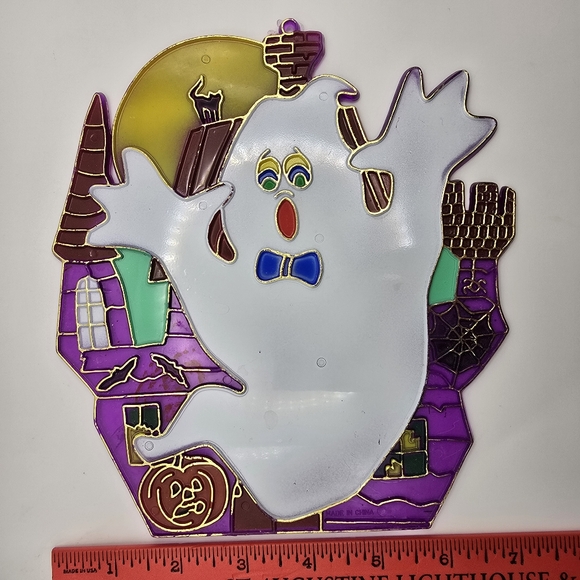 Vintage Halloween Window Hanging Haunted House Moon Ghost Black Cat Appx 9"x7" W - Picture 2 of 5